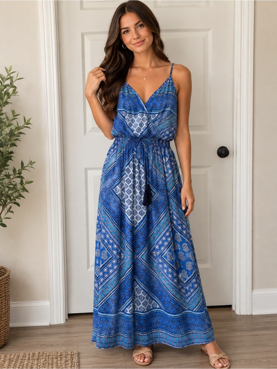 Enfocus Studio Dresses & Skirts - Enfocus Studio Blue Printed V-Neck Maxi Dress with Spaghetti Straps size 14